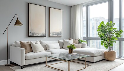 Light grey and white apartment living room with a large sofa, glass coffee table, contemporary artwork, floor lamp, small plants, large windows, creating a bright and cozy space