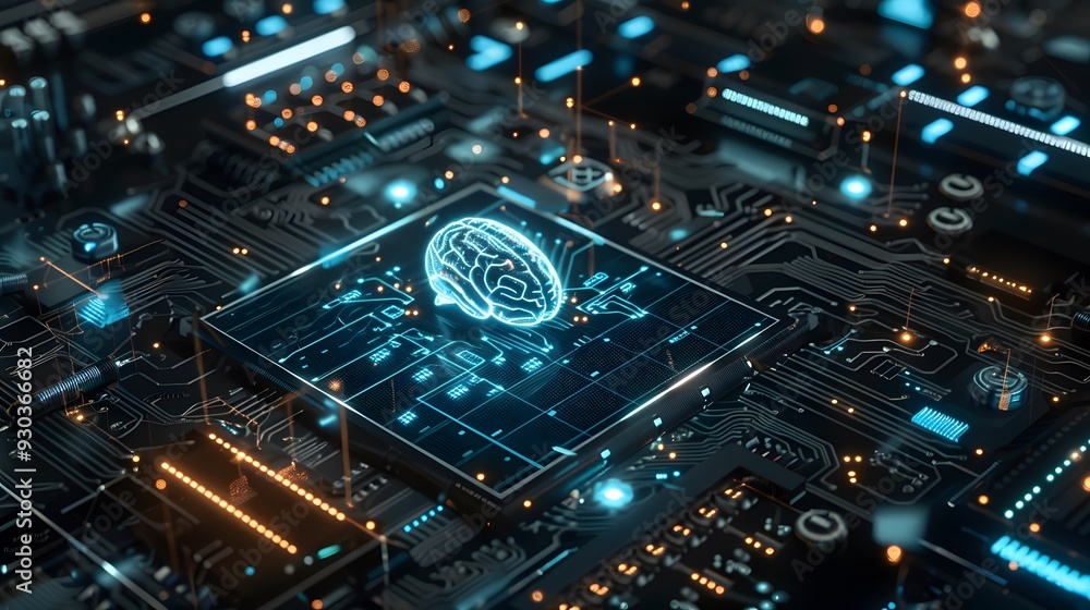 Poster a neuromorphic computing system with a focus on energy efficiency, showing a sleek, low-power setup 