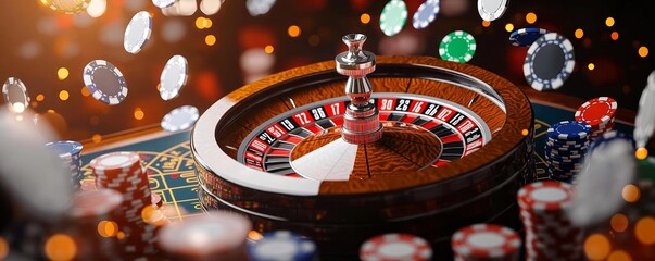 Roulette wheel surrounded by glowing chips, neon light effects creating a high-energy casino vibe, detailed and immersive