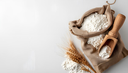 Bag with flour and wooden scoop on white background