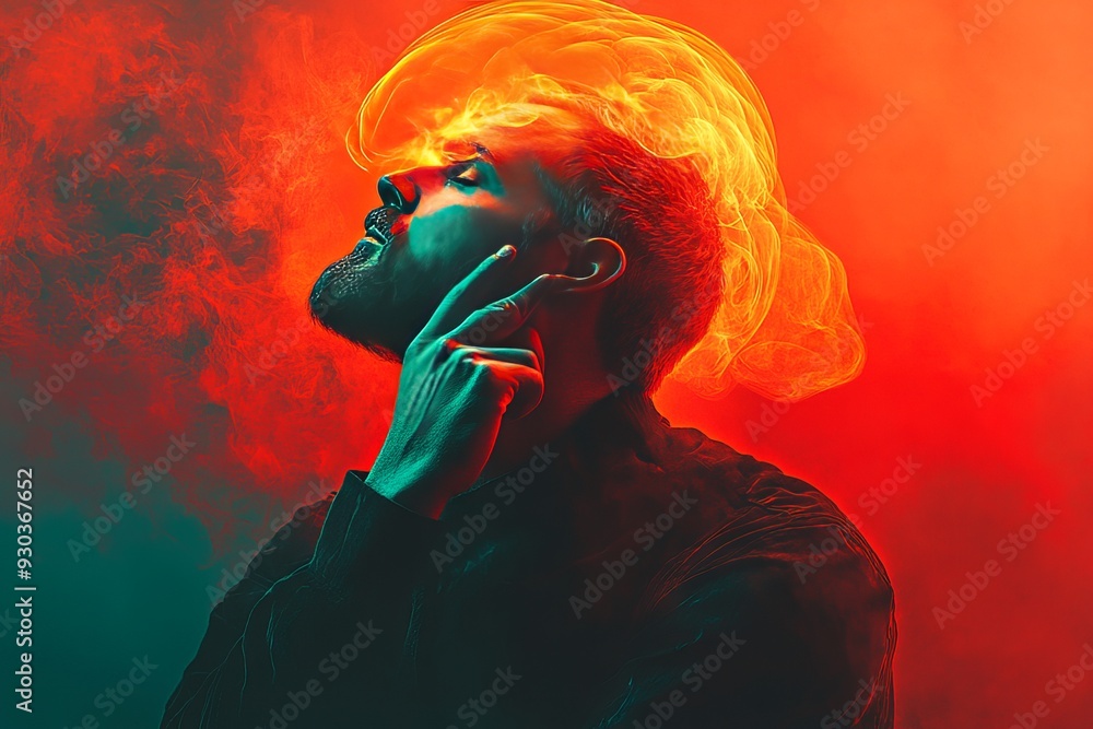 Poster a man with a glowing brain surrounded by swirling clouds of color symbolizing the dynamic energy of 