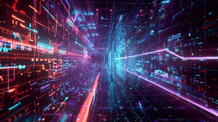 Futuristic Abstract Background Featuring a Blend of Virtual Environments, Augmented Reality Elements, and Immersive Interfaces, Vibrant and Dynamic