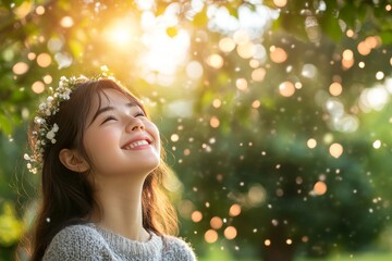 Fototapeta premium A young woman smiling in the sunlit outdoors surrounded by bokeh effects symbolizes happiness joy and the positive energy of nature during a peaceful and blissful day