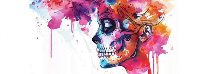 Day of the dead template. Watercolor mexican floral sugar skull with flower bouquet with copy space. Lettering Dia de los muertos. Fiesta celebration, Halloween holiday poster, flyer, banner