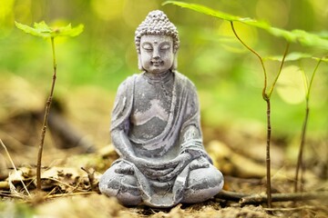 Kleine Buddha Statue am Kraftort, Meditation in der Stille des Waldes