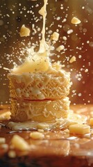 Close-up of cheese splashing in milk.