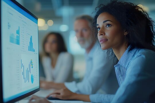 Professional team reviewing business finances on a computer in a meeting