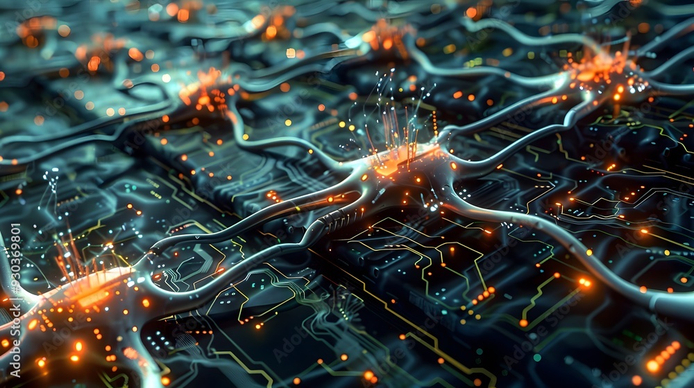 Poster a detailed image of integrated circuits designed for neuromorphic computing, highlighting advanced c