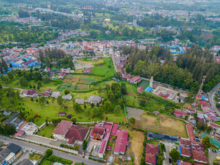 Aerial drone view of greenery countryside scenery in Berastagi, North Sumatra, Indonesia. 