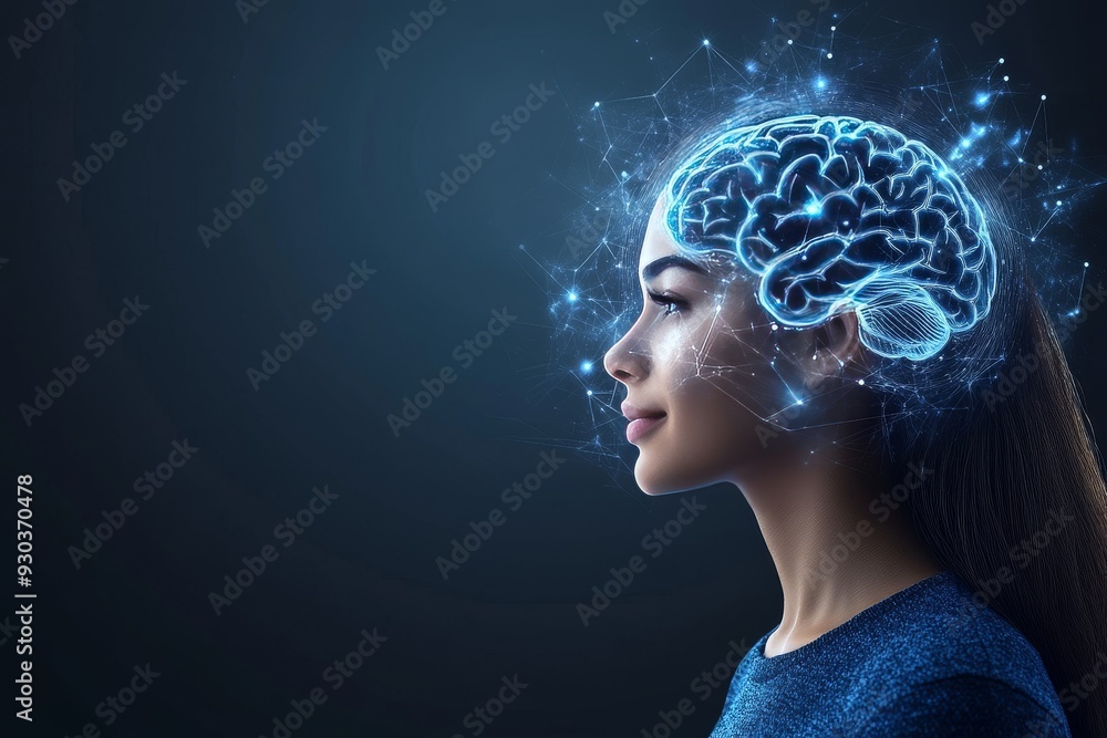 Poster a woman with a digital representation of a brain illuminated in blue capturing the futuristic vision