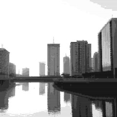 Naklejka premium Riverscape with unfinished building at sunset