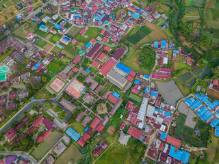 Top down drone view of countryside scenery in Berastagi, North Sumatra, Indonesia. 