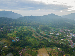 Aerial drone view of greenery countryside scenery in Berastagi, North Sumatra, Indonesia. 