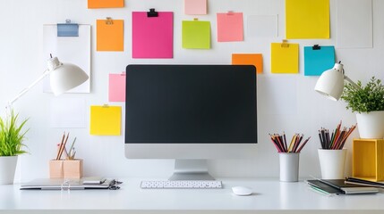 A minimalistic workspace with a white background and a single, colorful idea board, showcasing the freedom of creativity.
