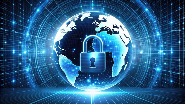 A locked padlock icon hovering above a globe surrounded by binary code, symbolizing online safety, cybersecurity, and secure internet browsing on a digital landscape.