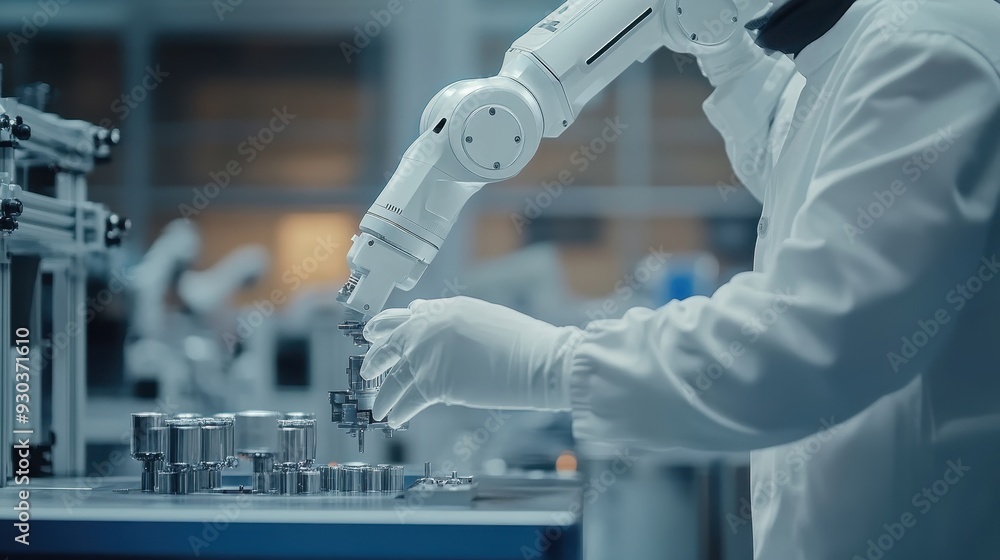 Poster close-up of an engineer working on the integration of robotics in scientific research, detailed robo