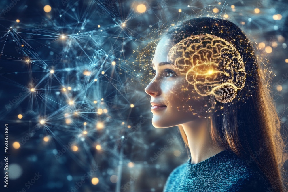 Poster a woman with a glowing brain and neural connections illuminated around her reflecting the intricate 