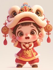 A joyful child in a traditional lion dance costume celebrating a festive occasion.