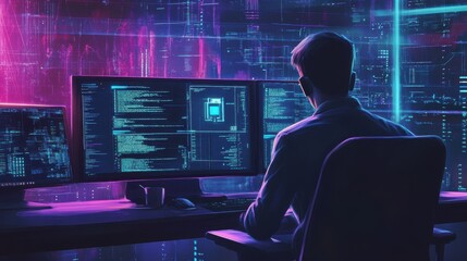 A man is sitting in front of a computer monitor with a keyboard and mouse