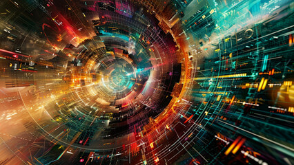 Obraz premium Abstract Tech Background Showcasing a Hub of Virtual Environments, Augmented Reality Overlays, and Interactive Digital Interfaces