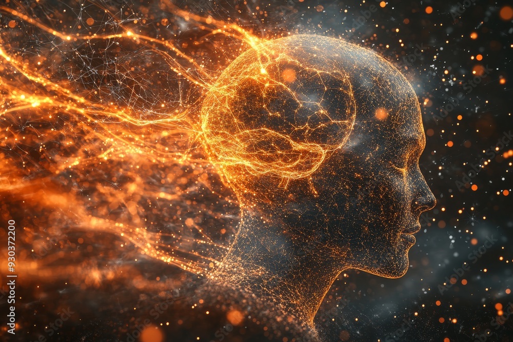 Poster a digital rendering of a human head with vibrant energy waves flowing through symbolizing the dynami