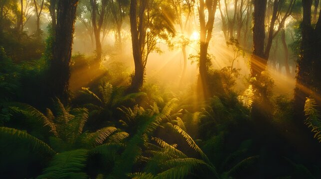 Sun rays shine through the trees in a misty forest, illuminating ferns on the forest floor. A Jurassic Park-Inspired.
