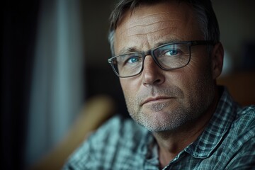 Thoughtful Middle-Aged Man with Serious Expression and Glasses