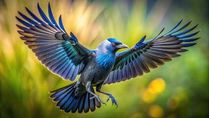 A majestic jackdaw spreads its wings, revealing feathers of iridescent blue, as it takes to the sky, freedom and joy etched on its sleek, black body.