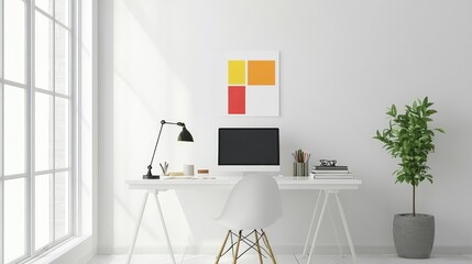 A minimalistic workspace with a white background and a single, colorful idea board, showcasing the freedom of creativity.
