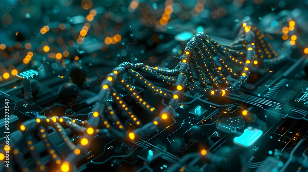Poster engineered genetic circuits functioning like electronic circuits, with glowing dna pathways and bioe