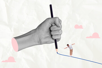 Creative collage image 3d hand body fragment draw pencil line young man balance falling down clouds...