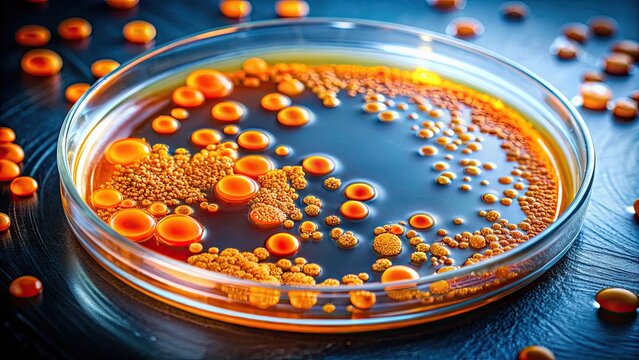 A microscopic view of a petri dish containing a vibrant orange culture of bacteria, illustrating the rapid growth and spread of communicable diseases.