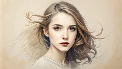 Naklejka premium A minimalist illustration of a young woman's portrait, delicately rendered in sketchy lines and subtle shading, evoking a sense of elegance and sophistication.