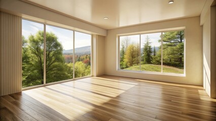 A minimalist, naturally lit, empty room with bare wooden floors, cream-colored walls, and a large window framing a serene outdoor view.