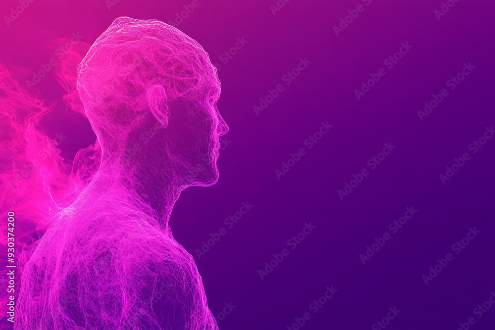 Poster abstract profile of a male figure in pink tones with dissolving particles symbolizing the fragility 