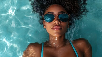 Naklejka premium A person with curly hair floating in a pool while wearing a blue bikini, creating a peaceful scene where the individual is enveloped by the shimmering, cool aqua waters.