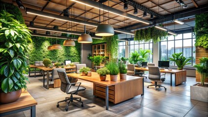 Fototapeta premium A modern eco-friendly office interior with lush green plants, reclaimed wood furniture, and energy-efficient lighting promotes sustainability and environmental responsibility in the corporate world.