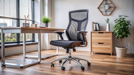 Fototapeta premium A modern, ergonomic office chair with a breathable mesh back and sturdy metal legs sits empty in a sleek, minimalist workspace with a wooden desk.