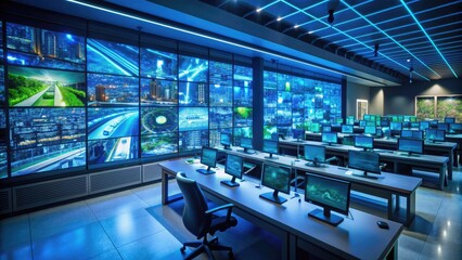 Obraz premium A modern, dimly lit surveillance room with rows of monitors displaying city streets and empty corridors, illuminated by soft blue and green glow.