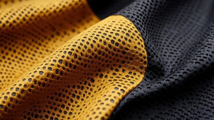 A close-up view of a black and yellow mesh sports fabric, showcasing the intricate texture and contrast, ideal for fitness or athletic apparel designs.