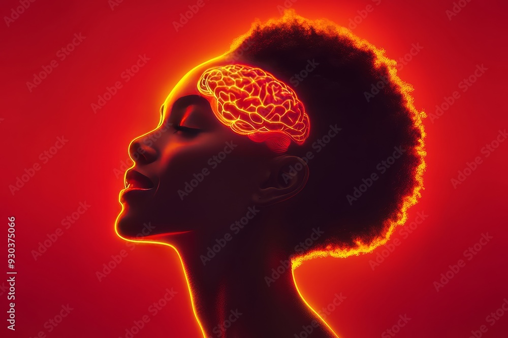 Poster profile of a woman with a glowing brain in vibrant red and orange hues symbolizing the power of imag