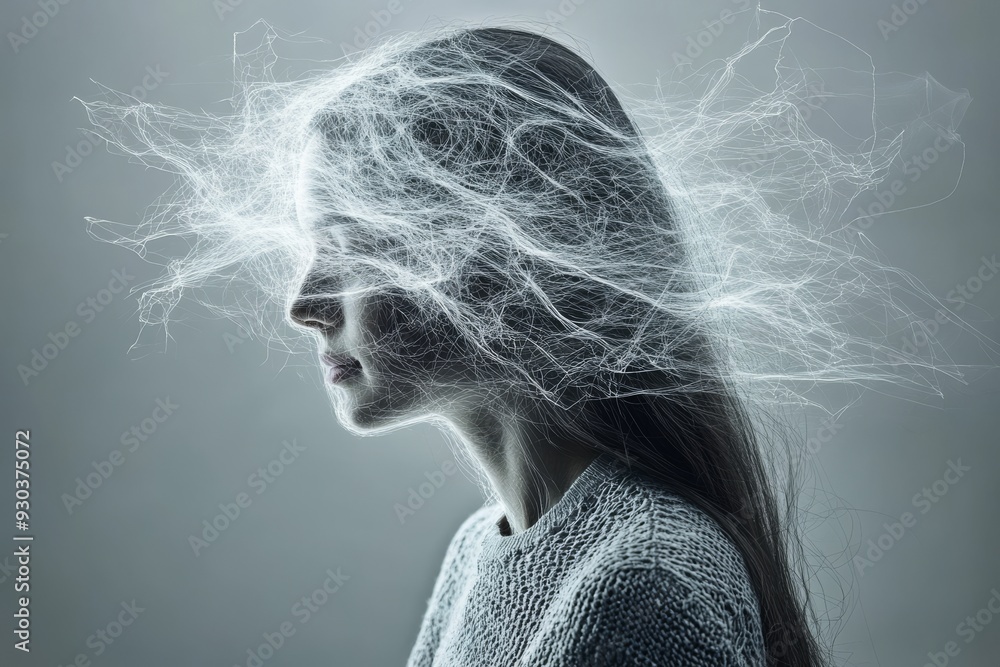 Poster woman with her face dissolving into light particles representing the fragility of existence the pass