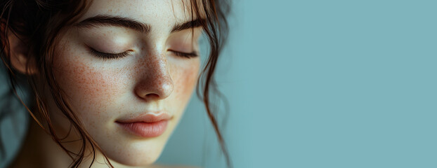 Fototapeta premium Beautiful Woman with Closed Eyes, Gently Touching Her Skin with copy space