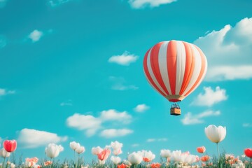 Fototapeta premium Hot Air Balloon Floating Over Expansive Flower Fields