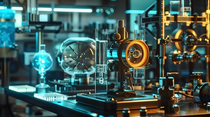 Fototapeta premium A detailed of physical devices and laboratory setups used for teleportation experiments, including quantum computers and optical systems, showing advanced technology in action