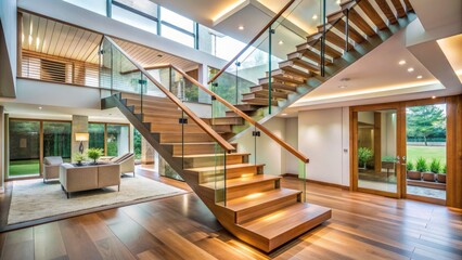 A modern, sleek, three-level staircase with wooden rails and glass banisters connects floors in a spacious, naturally lit, open-plan interior design space.