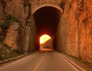 beautiful street in a rocky tunnel with an amazing sunset.  Ai generated image.