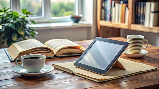 A modern tablet computer displays an open digital book on a wooden desk surrounded by coffee cups and scattered papers in a cozy room.