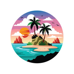 Obraz premium A sunset with palm trees and Tropical island sunset logo