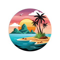 Fototapeta premium A sunset with palm trees and Tropical island sunset logo